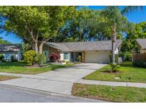 Charming single-story home featuring a well-maintained yard and a two-car garage on a sunny day at 2952 Macalpin N Dr, Palm Harbor, FL 34684