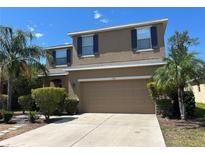 Two-story stucco home with a two-car garage, surrounded by lush tropical landscaping and vibrant blue shutters at 1118 Lauren Manor Loop, Ruskin, FL 33570