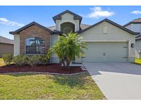 Charming single-Gathering home featuring a stone facade, well-maintained lawn, and an attached two-car garage at 11831 Thicket Wood Dr, Riverview, FL 33579