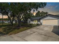 Charming single-story home with a well-maintained lawn, mature trees and long driveway leading up to the 2-car garage at 12493 Fish Cove Dr, Spring Hill, FL 34609