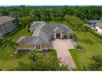 Stunning aerial view of the estate home featuring a circular brick driveway, lush landscaping, and mature trees at 19815 Sea Rider Way, Lutz, FL 33559
