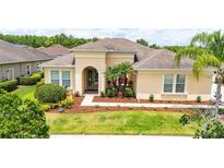 Charming home with a well-maintained lawn, landscaped beds, and mature palm trees at 3227 Watermark Dr, Wesley Chapel, FL 33544