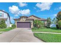 Charming single Gathering home featuring a two-car garage, landscaping, and a well-manicured lawn under a blue sky at 11606 Kilkenny Coral Dr, Riverview, FL 33579