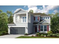 Charming two-story home with a welcoming porch, gray siding, shutters, and a two-car garage at 1738 Longliner Loop, Wesley Chapel, FL 33543