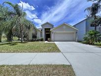 Inviting single-story home featuring a well-maintained lawn and a two-car garage in a residential neighborhood at 7504 Turtle View Dr, Ruskin, FL 33573