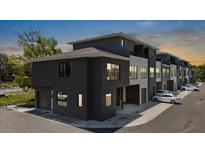 Modern townhouse with a sleek dark gray exterior and a well-lit parking area at 8723 Palm Ranches Pl, Tampa, FL 33614