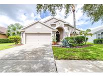 Charming single-story home with a well-manicured lawn, mature landscaping and a two car garage at 10357 Lightner Bridge Dr, Tampa, FL 33626