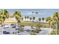 Scenic view of a parking lot adjacent to a beach with palm trees and ocean, offering convenient access to waterfront amenities at 1120 N Shore Ne Dr # 804, St Petersburg, FL 33701