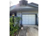 Shows a one-car garage on a blue house with green plants in front at 135 Pinewinds Blvd, Oldsmar, FL 34677