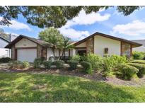 Charming single-Gathering home featuring stone accents, a manicured lawn, and lush landscaping at 16517 Norwood Dr, Tampa, FL 33624