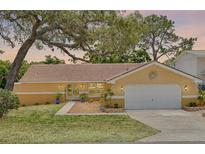 Charming single-story home featuring a tile roof, two-car garage, and freshly landscaped front yard at 315 Ridge Rd, Palm Harbor, FL 34683