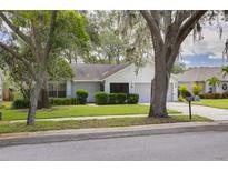 Charming single-story home featuring a manicured lawn and mature trees with moss at 3569 Oak Lake Dr, Palm Harbor, FL 34684