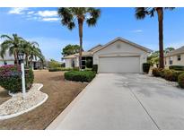 Charming home with well-manicured landscaping and a spacious two-car garage, complemented by lush palm trees at 2258 Preservation Green Ct, Sun City Center, FL 33573