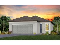 Charming single-story home with a gray exterior, two-car garage, and a well-manicured lawn under a vibrant sunset at 9474 Shorebird Ct, Parrish, FL 34219