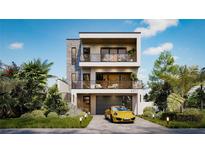 Contemporary three-story home featuring a stone accent wall, balconies, and a two-car garage with a yellow sports car at 4322 26Th S Ave, Gulfport, FL 33711