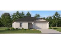 Charming single-story home with neutral stucco and a two-car garage and lush landscaping at 5636 Red Kite Dr, Wimauma, FL 33598