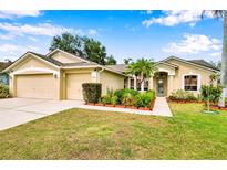 Charming single-story home boasts a well-manicured lawn and colorful flower beds, enhancing its curb appeal at 815 Sandy Trail Pl, Brandon, FL 33511