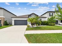 Charming single-story home features a well-manicured lawn, complemented by lush landscaping and a two-car garage at 8772 Flourish Dr, Land O Lakes, FL 34637