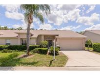 Charming single-story home featuring a well-manicured lawn and a two-car garage, and a large palm tree at 1142 Sweet Jasmine Dr, Trinity, FL 34655