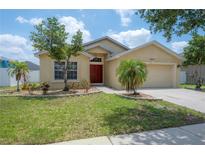 Inviting single-story home featuring well-manicured lawn and mature trees enhancing curb appeal at 14614 Rannoch Moor Pl, Wimauma, FL 33598