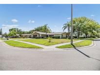 Charming single-story home with a well-manicured lawn and mature trees on a sunny day at 2724 Ashwood Ct, Clearwater, FL 33761