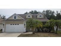 Charming two-story home with a well-maintained lawn, mature palm trees, and an attached two-car garage at 6213 Crickethollow Dr, Riverview, FL 33578