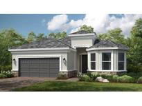 Charming single-story home with a gray roof, stone accents, lush landscaping, and a two-car garage at 29825 Imperati Blvd, Wesley Chapel, FL 33543