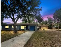 Charming home with a blue garage door and lush landscaping; a beautiful tree graces the front yard at 306 Oak Ave, Brandon, FL 33510
