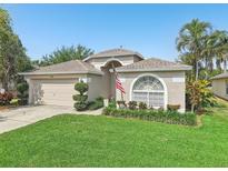 Charming single-story home with a well-manicured lawn and an American flag at 3713 Lonewood Ct, Land O Lakes, FL 34638
