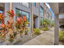 Modern townhome with lush tropical landscaping and a sleek gray exterior at 4047 Gauge Line Loop, Tampa, FL 33624