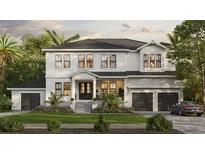 Stunning two-story white home with a charming front porch, lush landscaping, and an attached two-car garage at 690 Geneva Pl, Tampa, FL 33606