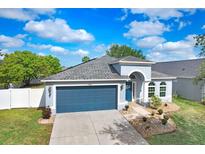 Charming single-story home featuring a well-manicured lawn and a blue two-car garage in a peaceful neighborhood at 13404 Fladgate Mark Dr, Riverview, FL 33579