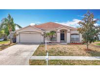Charming single-story home with a well-manicured lawn, mature trees, and a two-car garage at 19910 Wyndmill Cir, Odessa, FL 33556