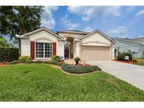 Charming single-Gathering home featuring a well-manicured lawn, lovely landscaping, and an attached two-car garage at 29713 Bright Ray Pl, Wesley Chapel, FL 33543