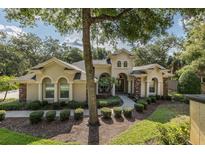 Elegant home featuring a well-manicured lawn, stone accents, and an inviting arched entryway at 502 Creekside Ct, Safety Harbor, FL 34695