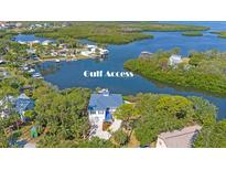 Stunning aerial view of a waterfront home with direct Gulf access and lush tropical landscaping at 6805 Arroyo Dr, New Port Richey, FL 34652