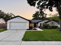 Charming home featuring a manicured lawn, two-car garage, and tasteful landscaping for enhanced curb appeal at 10412 Tara Dr, Riverview, FL 33578