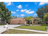 Charming single-story home featuring a well-manicured lawn, mature trees, and a three-car garage at 490 Knight Dr, Tarpon Springs, FL 34688
