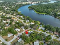 Aerial view showcasing a neighborhood home near a beautiful lake and surrounded by lush greenery at 6603 Oakview Ter, Tampa, FL 33610