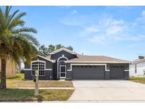 Charming single-story home featuring a three-car garage, a landscaped yard, and a stately palm tree at 7606 Nottinghill Sky Dr, Apollo Beach, FL 33572
