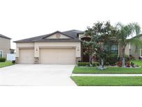 Charming home featuring a three-car garage and manicured landscaping at 11617 Brighton Knoll Loop, Riverview, FL 33579