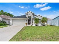 Charming single-story home with a well-manicured lawn and beautiful landscaping, including young palm trees at 2641 Big Pine Dr, Holiday, FL 34691
