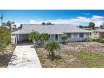 Charming single-story home with light blue exterior, a covered carport, and small palm trees in the front yard at 904 Desert Hills Dr, Sun City Center, FL 33573