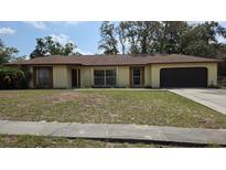 Single-story home featuring a two-car garage and a well-maintained lawn in a sunny neighborhood at 531 Carriage Hills Dr, Temple Terrace, FL 33617