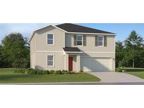 Charming two-story home featuring neutral siding, a red front door, attached garage and a well-manicured lawn at 15045 Zircon Red Dr, Wimauma, FL 33598