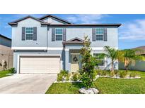 Charming two-story home boasts a manicured lawn and a welcoming front door with decorative wreath at 9734 Branching Ship Trce, Wesley Chapel, FL 33545