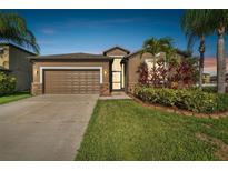 Charming one-story home with a manicured lawn, two-car garage and lovely tropical landscaping at 13201 Wellington Hills Dr, Riverview, FL 33579