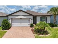 Charming single-story home featuring a two-car garage, landscaped yard, and brick-paved driveway at 18933 Sailors Delight Pass, Land O Lakes, FL 34638