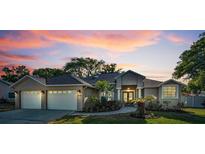 Charming single-story home with a two-car garage, lush landscaping, and a serene sunset backdrop at 3047 Lake Padgett Dr, Land O Lakes, FL 34639
