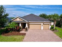 Charming one-story home featuring a brick driveway, two-car garage, and lush landscaping at 3643 Arbor Chase Dr, Palm Harbor, FL 34683